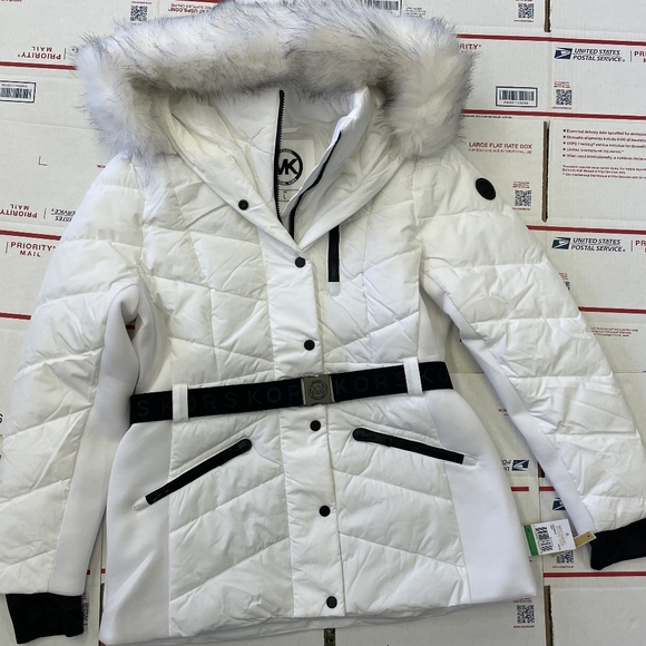 NWT Stunning Michael Kors Belted White Winter Coat Designer MK Jacket S M L XL - Picture 2 of 16